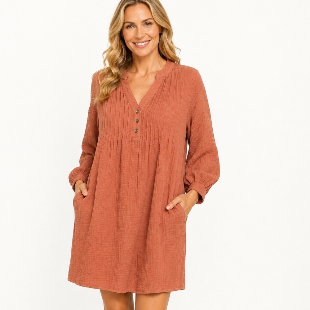 Entro Terracotta Cotton Gauze Pintuck Tunic Dress Large NEW